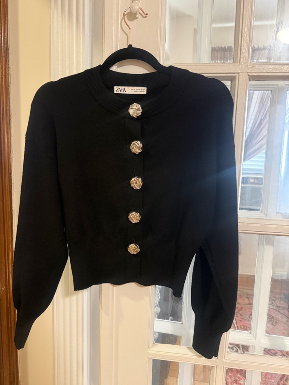Zara Black Cropped Knit Cardigan with Gold Rosette Buttons